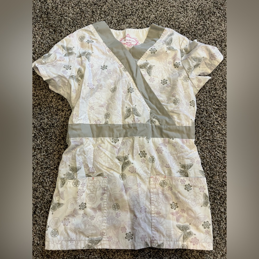 Floral Butterfly Print scrub top.